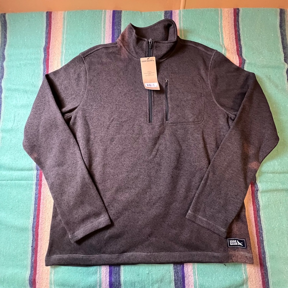 Eddie Bauer Pullover Men XL Brown Quarter Zip Fleece Sweater Knit Chest Pocket